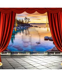 Curtain Balcony Sea Sunset Stone Tree Computer Printed Photography Backdrop HXB-062