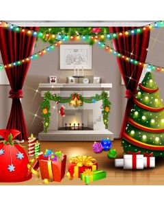 Curtain Tree Present Fireplace Painting Computer Printed Photography Backdrop HXB-522