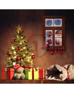 Tree Present Window Bear Computer Printed Photography Backdrop HXB-548