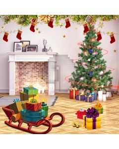 Tree Present Fireplace Sock Computer Printed Photography Backdrop HXB-729